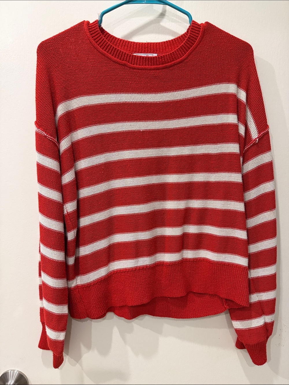 Women's Red and White Striped Crewneck Sweater